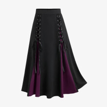 Gonna midi a vita alta con patchwork e fascia, stile gotico, plissettata, taglie forti, regalo di Halloween in offerta.