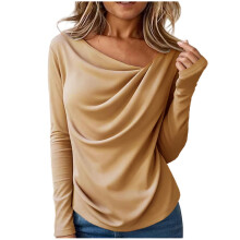 Damenoberteil, lässige, einfarbige, plissierte Langarmbluse mit Rundhalsausschnitt für Damen, bequeme Tunika für Damen.