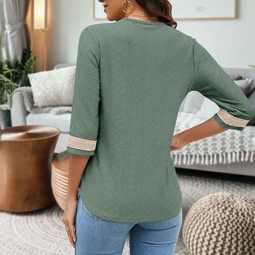 Damen-Rippstrickpullover mit V-Ausschnitt und Knöpfen, Army-Farbe 2