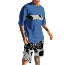 Conjunto de shorts masculino, 2 peças, gola redonda, estampa, esportivo, slim, cintura elástica, blusa de manga curta com gola redonda.