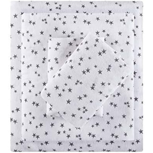 Ensemble de draps en flanelle 100 % coton, taille queen, gris à étoiles