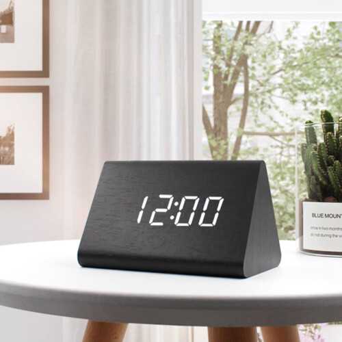 Modern trä LED digital väckarklocka skrivbord röststyrd termometer display USB 2