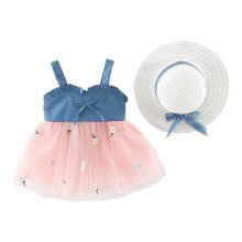 Sommerliches Jeans-Patchwork-Tutu-Kleid, ärmellos, A-Linie, Tüllkleid für Geburtstagsfeiern mit Strohhut, 2-teiliges Set, Größe 3-4 Jahre