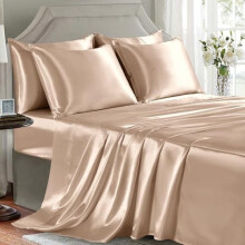Queen-Satin-Bettwäscheset – 6-teilig, luxuriös, knitterfrei, champagnerfarbener Satin, 1 Spannbettlaken, 1 normales Bettlaken, 4 Kissenbezüge