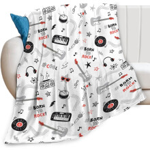 Deka s rock'n'rollovou kapelou – potisk elektrické kytary, klavíru, bubnů, měkký fleece, 50"x60", útulná hudební dekorace pro hudebníky a