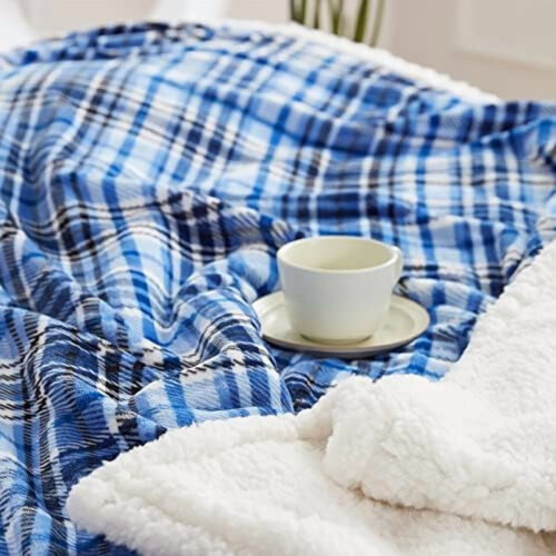 Κουβέρτα Sherpa Plaid (60"x70"), Μπλε Αφράτη, Χνουδωτή, Μαλακή Φλις Κουβέρτα από Μικροΐνες 2