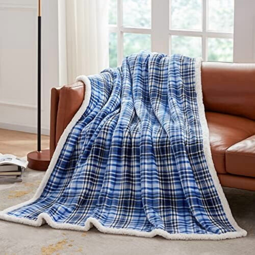 Κουβέρτα Sherpa Plaid (60"x70"), Μπλε Αφράτη, Χνουδωτή, Μαλακή Φλις Κουβέρτα από Μικροΐνες 1