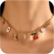Goldene Buchstaben-Charm-Halskette für Damen – Choker mit Kirschherz- und Cowgirl-Anhänger, kompatibel mit Initialen-Charms