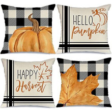 Herbstliche Kissenbezüge 40x40 cm, 4er-Set – Büffelkaromuster, Kürbis- und Ahornblätter, Herbstdeko im Landhausstil, Kissenbezüge für