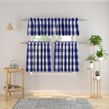 Sötétkék és fehér Buffalo Check 3 darabos Farmhouse konyhai függöny | 137 x 45 cm / 69 x 61 cm | Klasszikus vidéki stílus