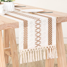 Tafelloper van katoen en linnen met kwastjes, landelijke stijl, lange tafelloper voor feestjes, diners en bruiloften, tafeldecoratie, 30 x 240 cm