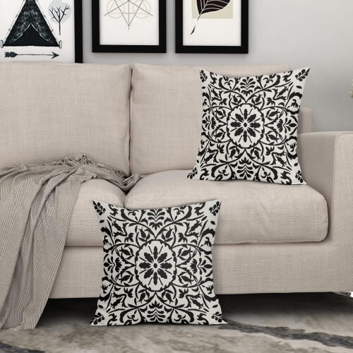 Μαύρες μαξιλαροθήκες Boho 20x20 ίντσες, λινά μαξιλαροθήκες με vintage σχέδια λουλουδιών, 2