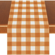 Tischläufer aus Leinen mit Aquarell-Büffelkaromuster, Landhausstil-Dekor – 33 x 183 cm, Orange & Weiß
