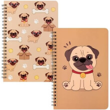 Set van 2 A5-schriftjes met spiraalbinding en mopshondmotief, gelinieerd hardcover notitieboek voor studenten, school en kantoor – schattig cartoon