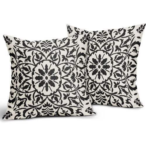 Μαύρες μαξιλαροθήκες Boho 20x20 ίντσες, λινά μαξιλαροθήκες με vintage σχέδια λουλουδιών, 1