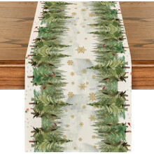 Kersttafelloper – Bloemen, sneeuwvlokken en bessen, landelijke keukendecoratie, 33 x 183 cm, kerstdecoratie voor binnen en buiten
