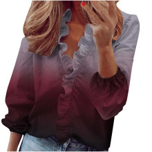 Damen-Langarmblusen mit Rüschen und Knopfleiste, Business-Casual-Tops in Uni/Print, Plus-Size-Blusen mit lockerem Schnitt, V-Ausschnitt und