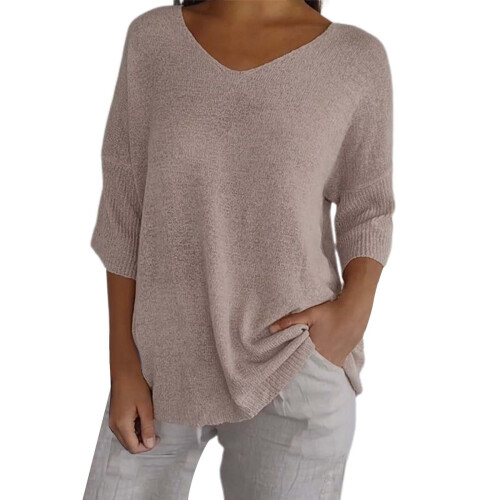 Γυναικείο μπεζ μπλουζάκι oversized από βαμβάκι με μανίκια 3/4, πλεκτό πουλόβερ με
