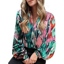 Lässige Boho-Bluse für Damen mit abstraktem Print, Reverskragen, V-Ausschnitt, langen Ärmeln, lockerer Passform – ideal für Sommer und