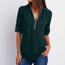 Camiseta de mujer con cuello en V, manga corta, abertura lateral, estilo veraniego, elegante e informal, color verde.
