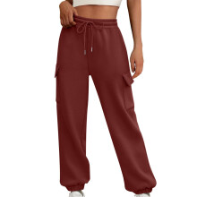 Calça jogger cargo feminina lisa, cintura ajustável com cordão, tecido de lã japonesa, ideal para exercícios, com vários bolsos e modelagem