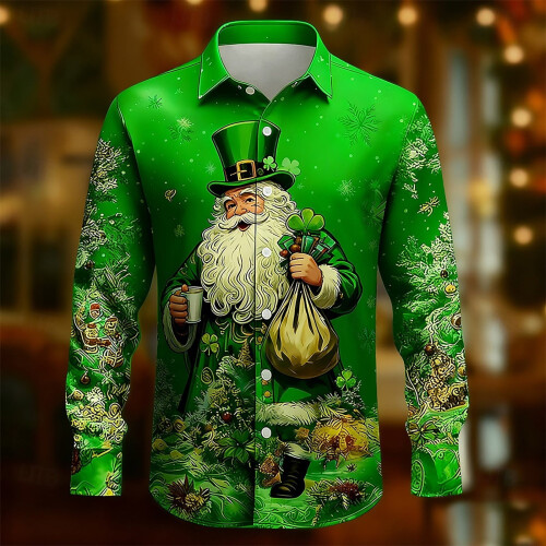 Loose Blouses St Patrick's Day Digital Print Lapel Button Tops 1