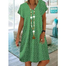 Vestido feminino de verão elegante e casual com estampa de bolinhas e corações, manga curta e decote em V.