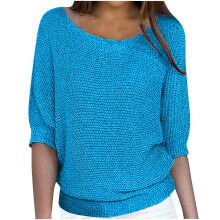 Suéteres de manga 3/4 de talla grande para mujer, suéteres casuales de punto ligeros con cuello redondo, color azul claro, tallas S-5XL.