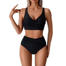 Kukoosong dames tweedelig badpakset met hoge taille, effen kleur, conservatieve geplooide bikini met ondersteunende bralette top.