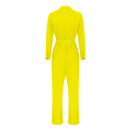 Macacão feminino com calças de pernas largas, mangas compridas e cinto. 2