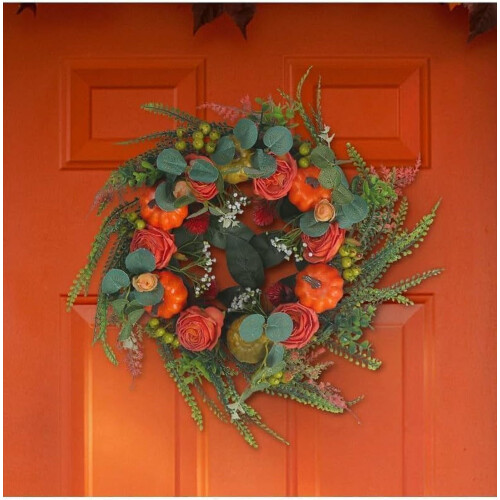 Artificial Fall Wreath – Rustic Pumpkin Rose Berry Design 1