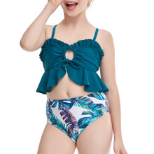 Mädchen Sommer Badeanzüge, lässig, süß, mit Blumenmuster, doppelter Rüschen, Träger-Bademode, Strandbadeanzüge, zweiteilige Bikini-Sets