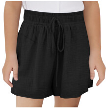AVTOIFY Leinen-Shorts für Mädchen mit Schleifentasche, elastischer Bund, Sommershorts für Kinder – Schwarz, passend zu sommerlichen Kinderoutfits