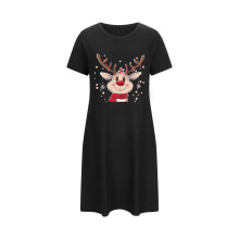 Damespyjama met schattige kerstprint, ronde hals en korte mouwen in grote maten | Feestelijke pyjama | Zachte polyester-spandex | S-2XL