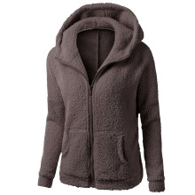 Wintermantel für Damen, Sherpa-Jacke mit Reißverschluss, langärmlige Fleecejacke, modischer warmer Sweatshirt-Mantel mit Taschen, Farbe: Kaffee XL