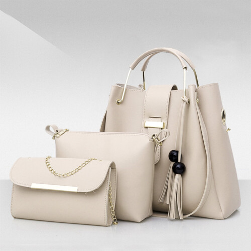 Γυναικείο σετ τσάντας ώμου Vintage Tote & ασορτί τσαντάκι, μπεζ, 3 τεμάχια