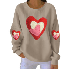 Damen-Sweatshirt zum Valentinstag mit Herzprint, geripptem Rundhalsausschnitt, lässigem Langarm-Pullover