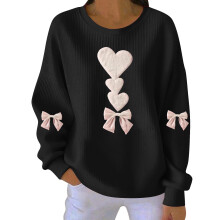 Damen-Sweatshirt mit Herzmotiv zum Valentinstag, gerippt, Rundhalsausschnitt, lang