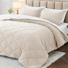 Juego de edredón King de 7 piezas, reversible en beige y blanco, para todas las estaciones, incluye sábanas, fundas de almohada y fundas