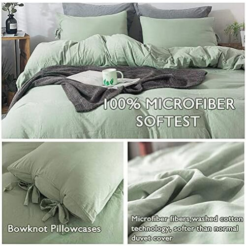Σετ παπλωματοθήκης Sage Green Queen, 3 τεμάχια μαλακής πλυμένης μικροΐνας με κορδόνια (1 2