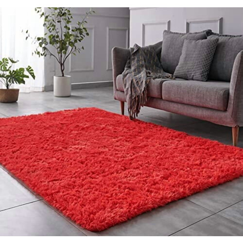 Shaggy Red Rug, 2x3Area Rugs για σαλόνι, αντιολισθητικό εξαιρετικά άνετο αφράτο χαλί δαπέδου