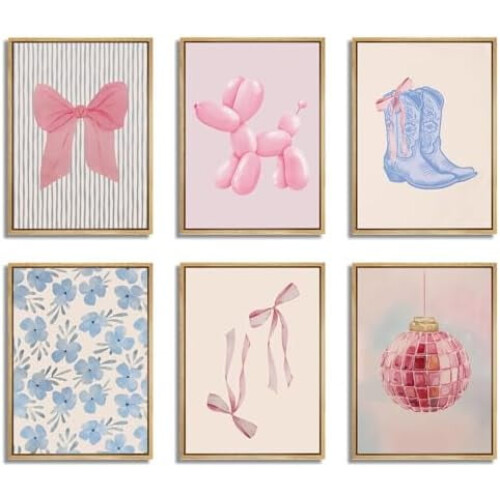 Blå og lyserøde preppy vægprints sæt med 6