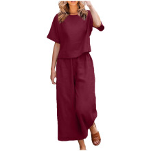 Conjuntos casuales para mujer, conjunto de verano de moda para mujer: top de manga corta con cuello redondo y pantalón.