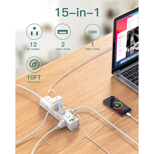 Πολύπριζο 12 πριζών με 3 θύρες USB και καλώδιο 10 ποδιών 1
