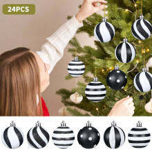 24 Christmas Ball Ornaments, Black & White Plastic Baubles,