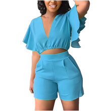 Conjuntos de verano a la moda para mujer, top de manga corta con volantes y cuello en V, shorts casuales, trajes de verano para mujer de tallas