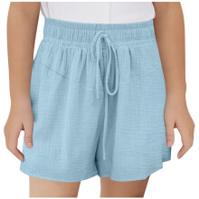 AVTOIFY Girls' Linen-Blend Summer Shorts with Ribbon Pockets, Elastic Waist – Blue, Compatible with Kids & Toddlers
