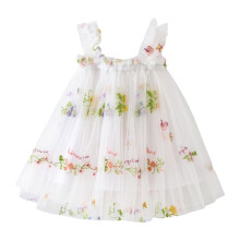 Vestito estivo senza maniche per bambina, abito da principessa ricamato, abito da ballo per feste, abito floreale in tulle.