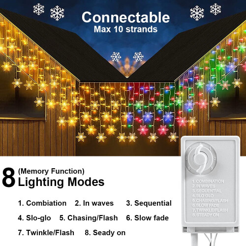 Christmas Snowflake Window Curtain String Lights, 8 Modes Flashing Lights Waterproof for Bedroom Party Home Xmas Tree Decorations 2