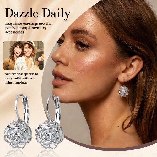 DESIGNICE white gold plated leverback rose drop earrings, 2